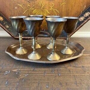 Vintage set of 6 mini brass goblets and tray